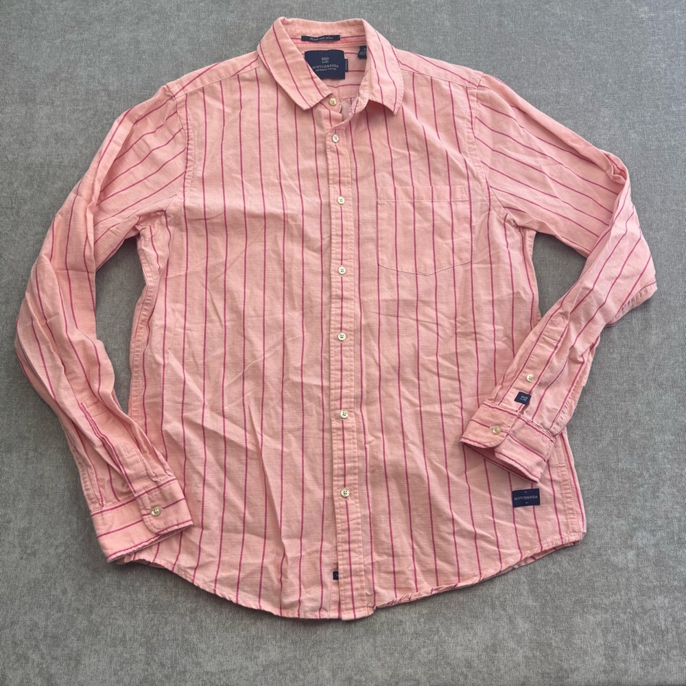 Scotch & Soda Cotton Linen Striped Shirt Pink Men’s Large Button Down